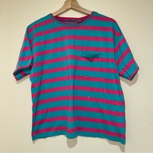 Unisex Striped Teal and Pink Shirt Vintage Single Stitch Cotton T-Shirt Size M